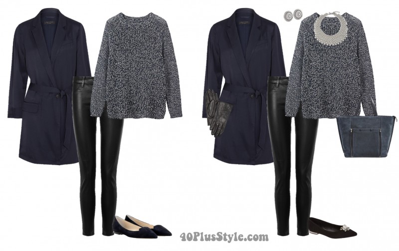 leather pants navy sweater gloves statement necklace| 40plusstyle.com