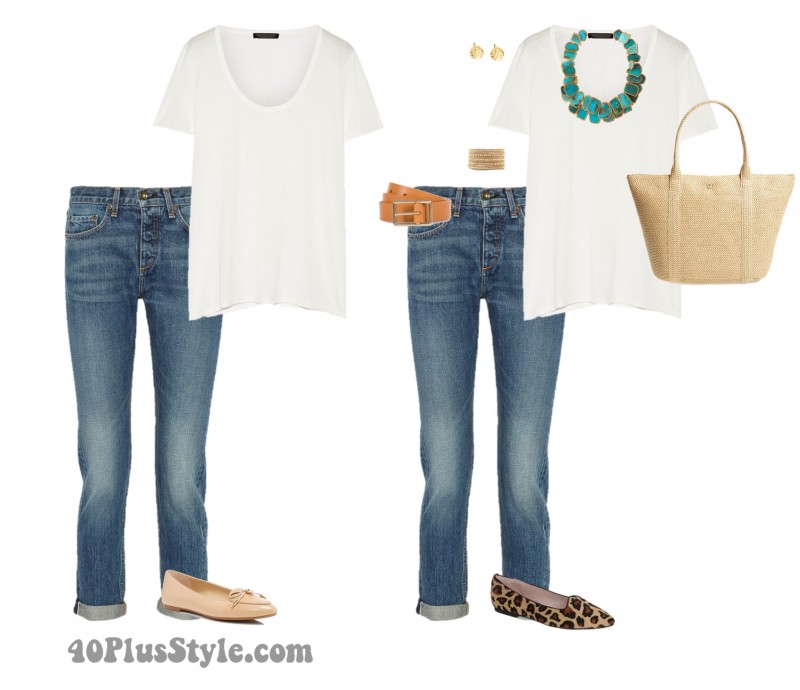 blue jeans white tee turquoise necklace 