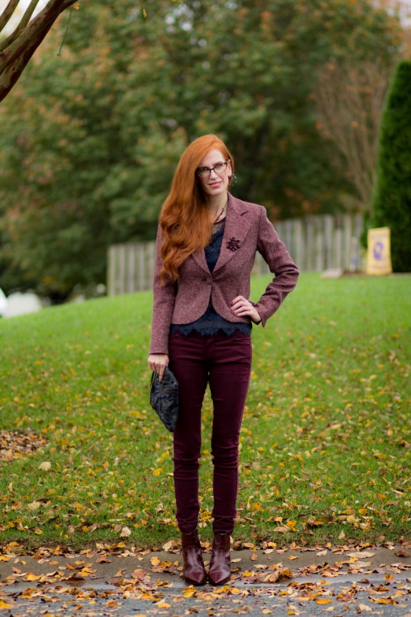 Burgundy Pants Brooch Blazer | 40plusstyle.com