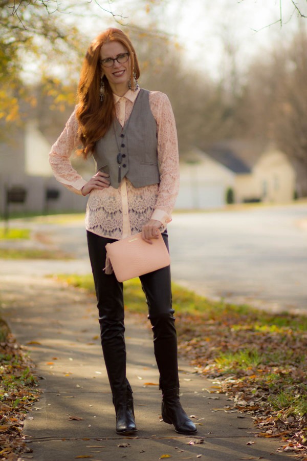 Pink Lace Top Gray Vest Leather Leggings | 40plusstyle.com