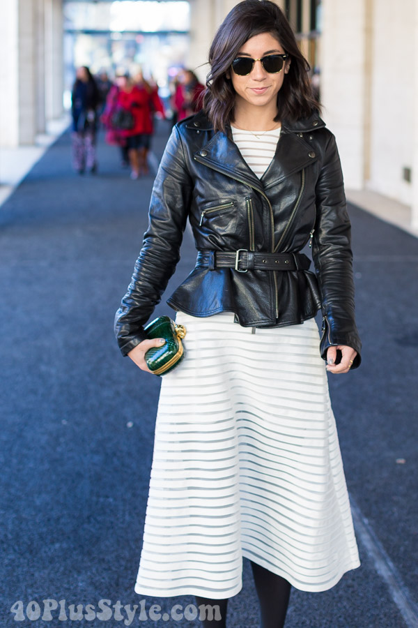 Leather Peplum Jacket over a white striped dress | 40plusstyle.com