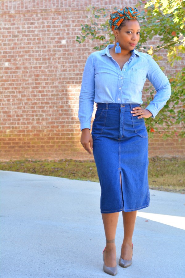 Denim Skirt Shirt Headwrap | 40plusstyle.com