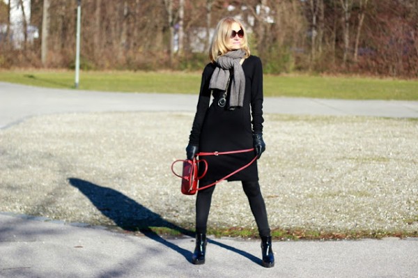 winter looks red bag gray scarf black dress | 40plusstyle.com