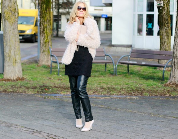 cream fur coat leather pants | 40plusstyle.com