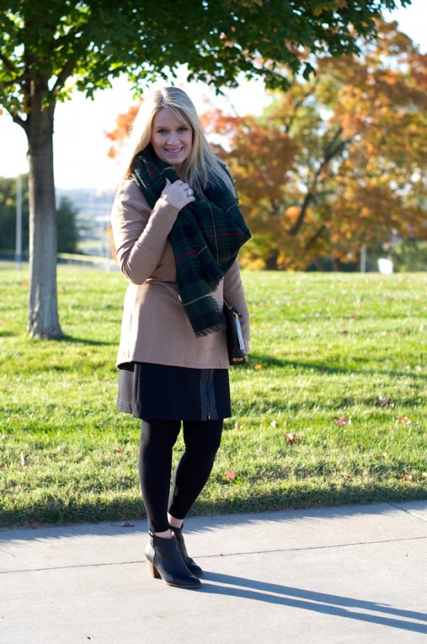  booties tan jacket plaid scarf | 40plusstyle.com