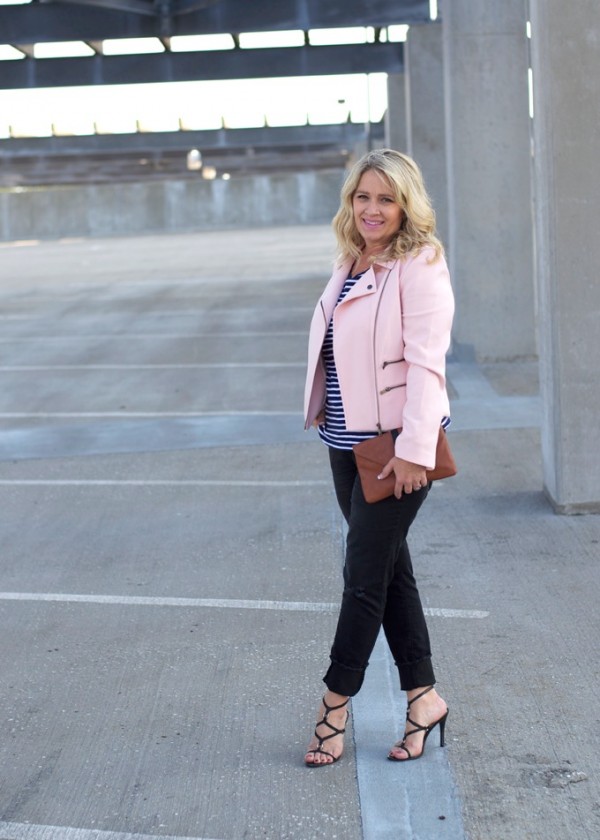 pink jacket black heels blue white striped top | 40plusstyle.com