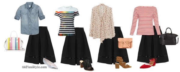 black skirt casual looks tie up flats stripes | 40plusstyle.com