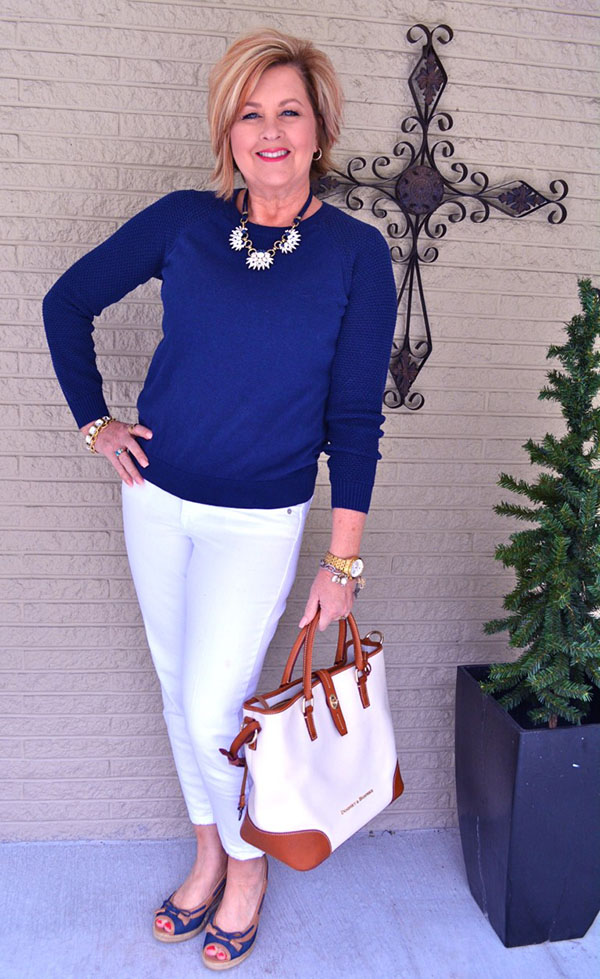 Navy white outfit 50 is Not Old | 40plusstyle.com