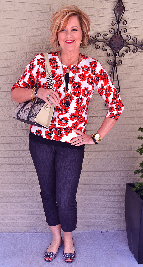 Red florals with 50 is not old Style Interview |40plusstyle.com