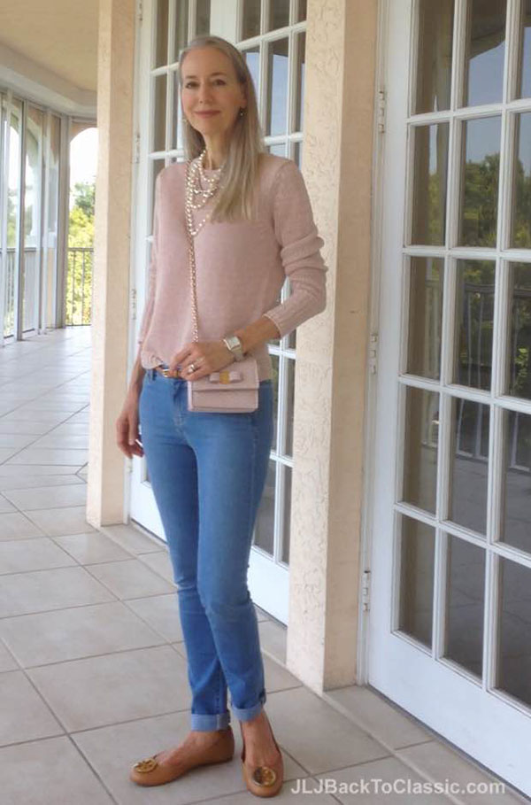 Pink sweater and blue pants | 40plusstyle.com