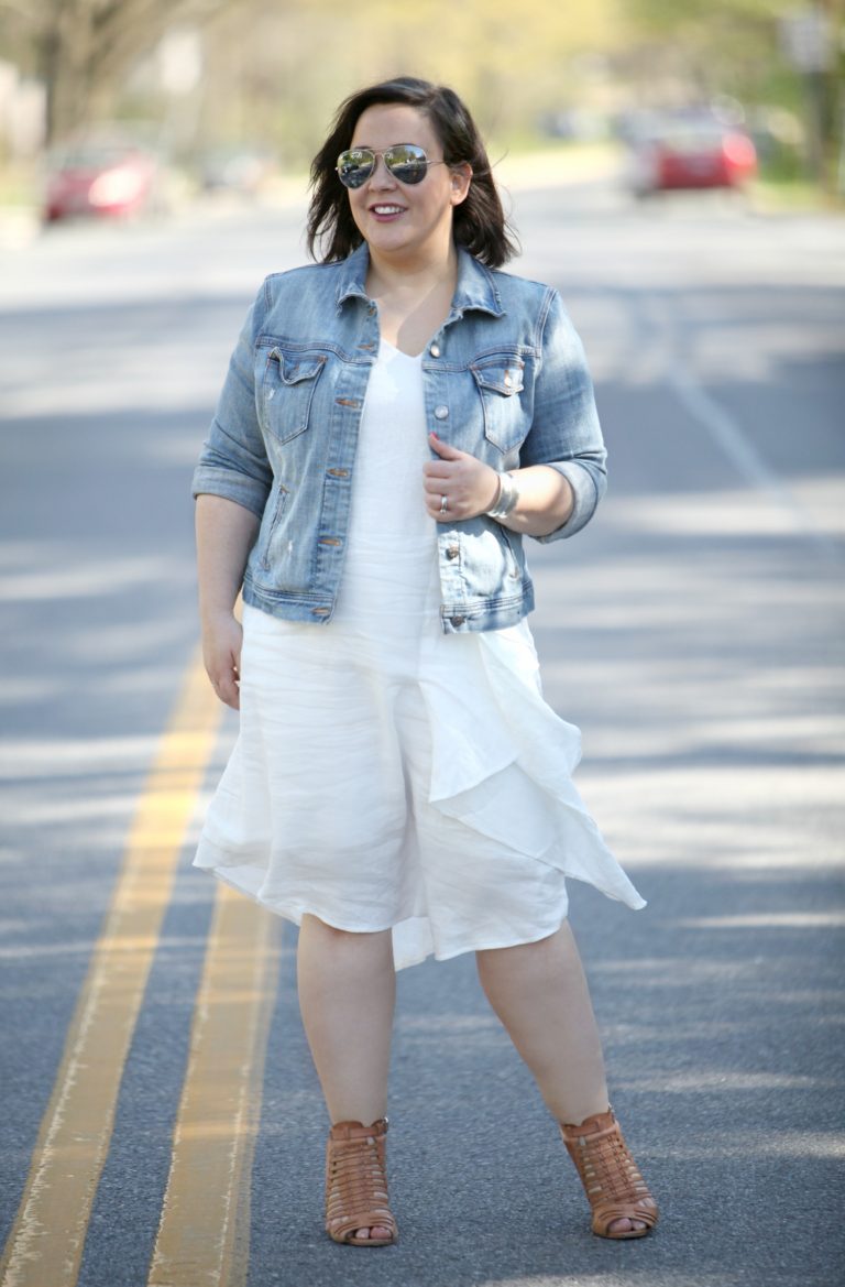 Denim jacket and white dress outfit | 40plusstyle.com