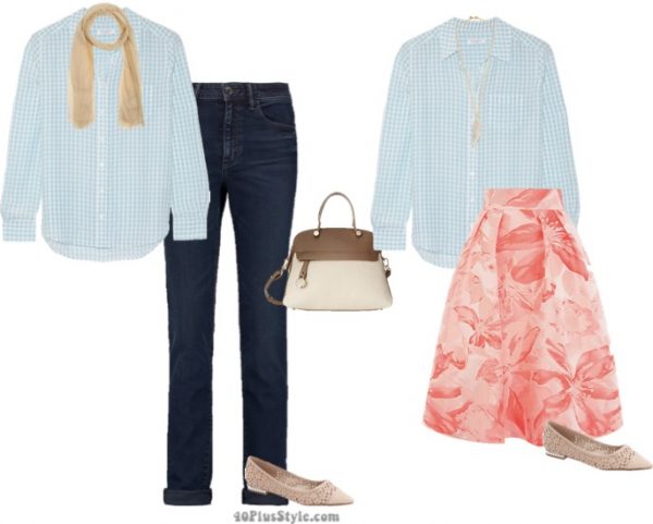 summer capsule floral skirt nude flats checked shirt | 40plusstyle.com