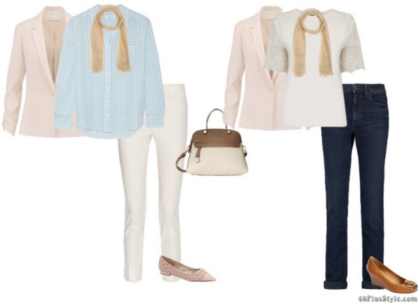 pastel blazer lace top white pants nude flats Tory Burch wedges | 40plusstyle.com
