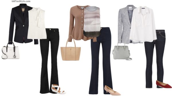 jeans office work looks traditional conservative blazer pumps | 40plusstyle.com