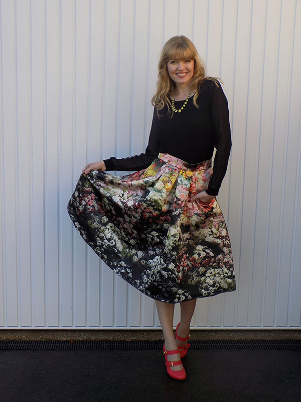 Jolie Moi floral skirt and black top | 40plusstyle.com