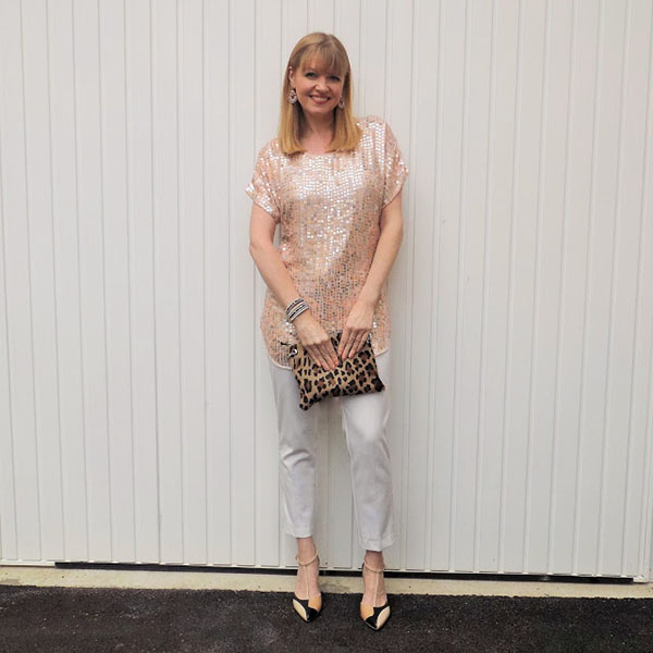 Sequinned tunic and leopard bag | 40plusstyle.com