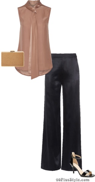 elastic waistband silk blouse wide leg pants heels clutch box | 40plusstyle.com