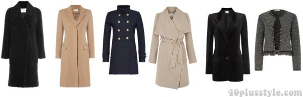 Fall capsule wardrobe: neutral and navy colored coats and blazers | 40plusstyle.com