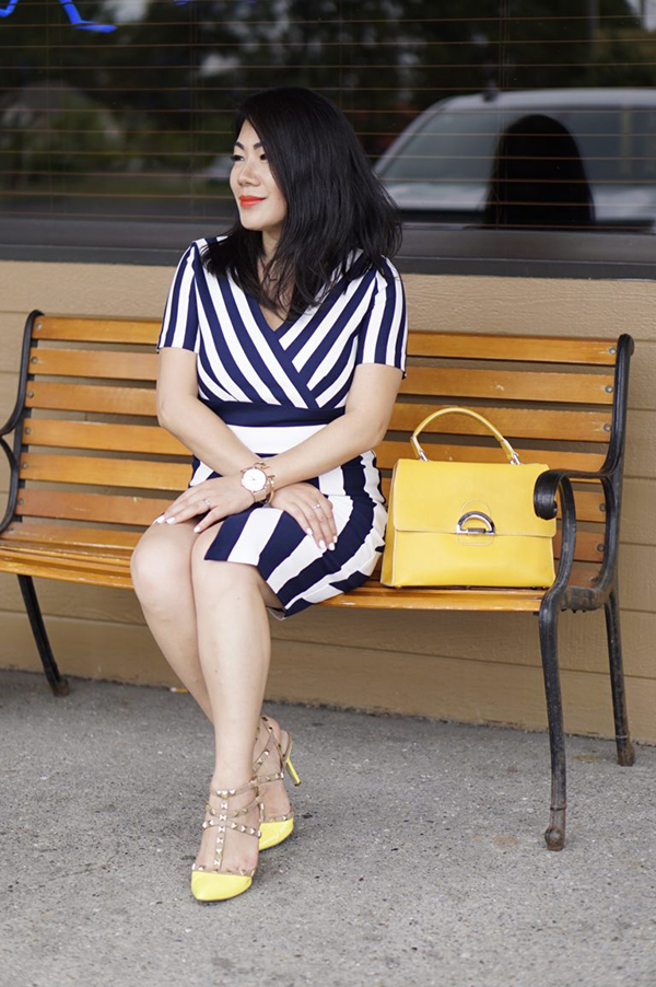 Nautical blue stripes and yellow heels | 40plusstyle.com