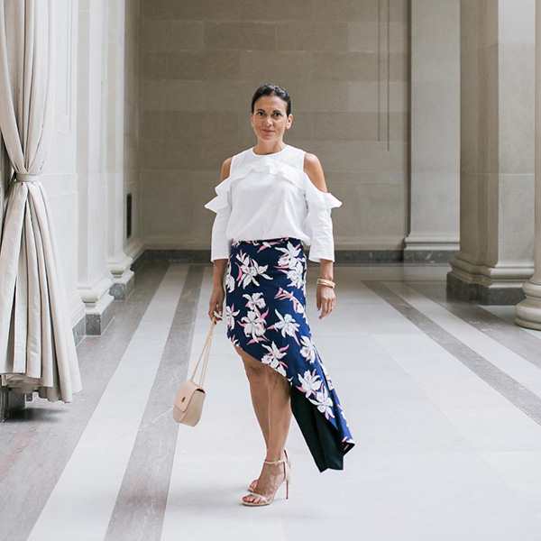 Style Interview with Sylvia: White off shoulder top with floral skirt outfit| 40plusstyle.com