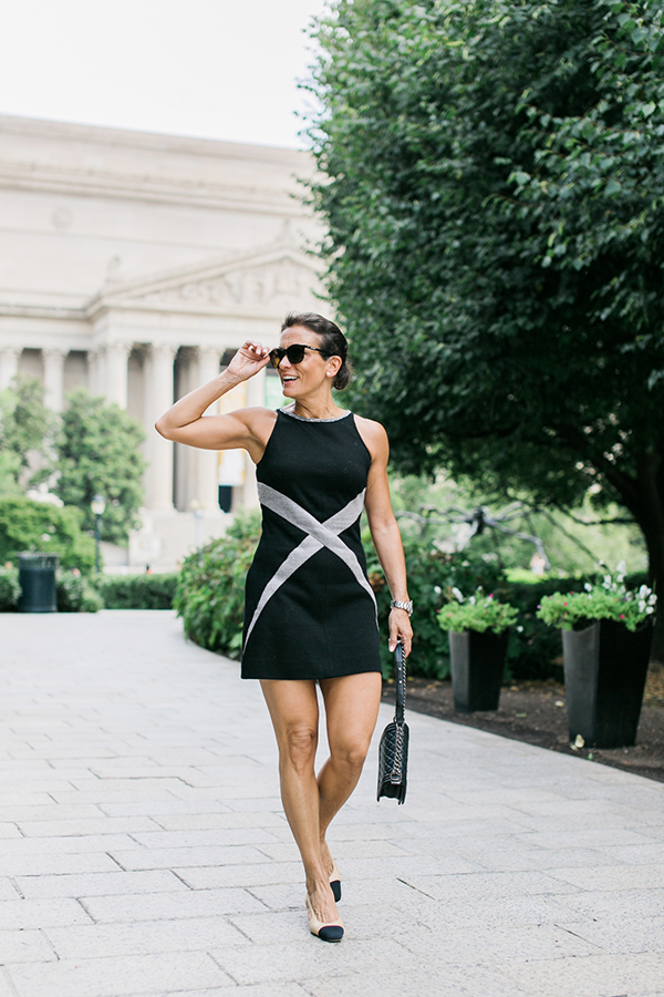 Modern style inspiration: Pair your black dress with nude sling back heels | 40plusstyle.com