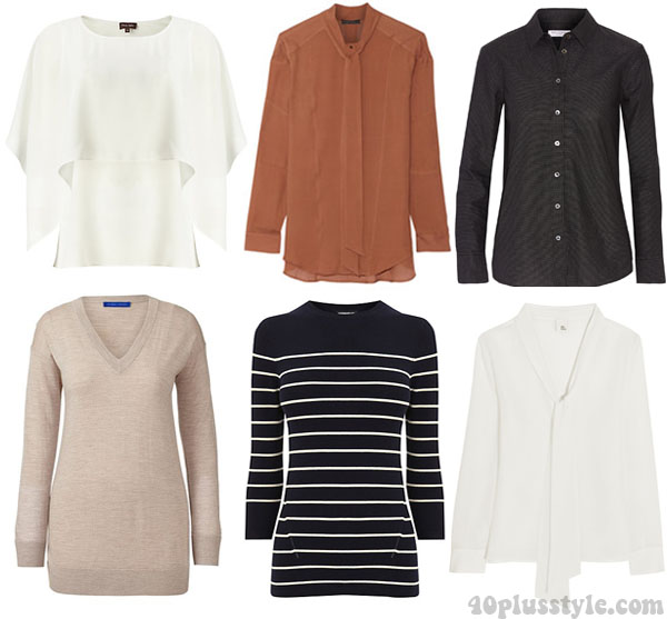 A capsule wardrobe for fall featuring tan shades: tops and sweaters ideas | 40plusstyle.com