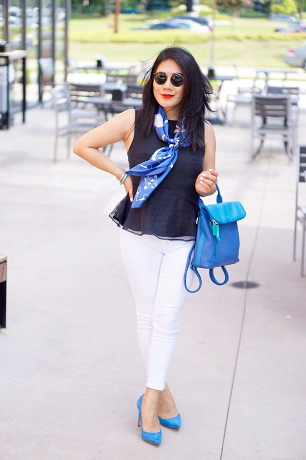 Peplum top with scarf and white pants | 40plusstyle.com