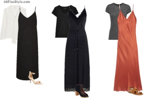 ways to wear slip dresses over 40 - with a shirt underneath | 40plusstyle.com
