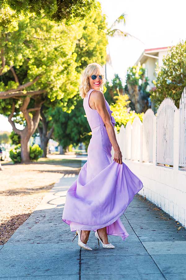 Chic style: Feminine periwinkle dress with white heels | 40plusstyle.com