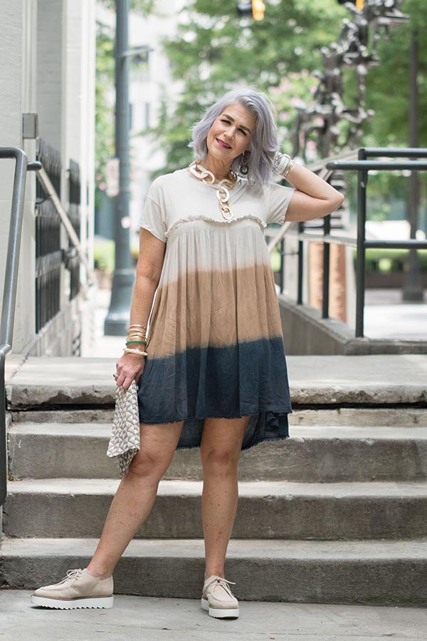 Neutral dyed dress with accessories | 40plusstyle.com