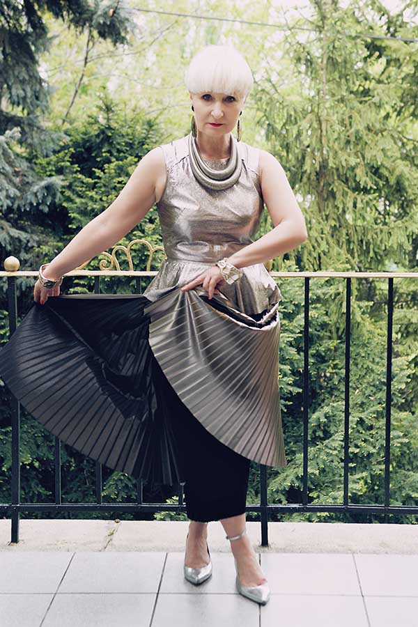 Silver outfit idea : chic pleated dress and accessories | 40plusstyle.com