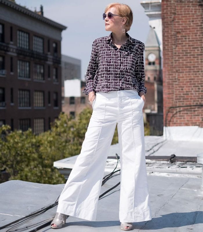 Wide legged pants with a print blouse