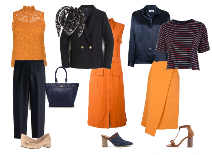 Wearing navy with orange | 40plusstyle.com