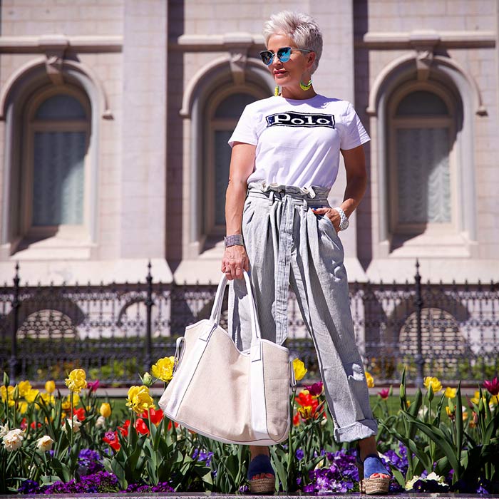 Shauna wearing white tee and tie-waist pants | 40plusstyle.com