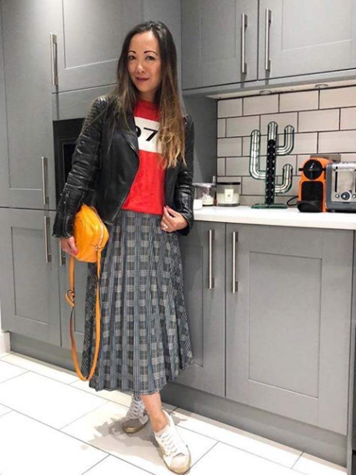 Plaid skirt with a leather jacket looks with jackets and blazers | 40plusstyle.com