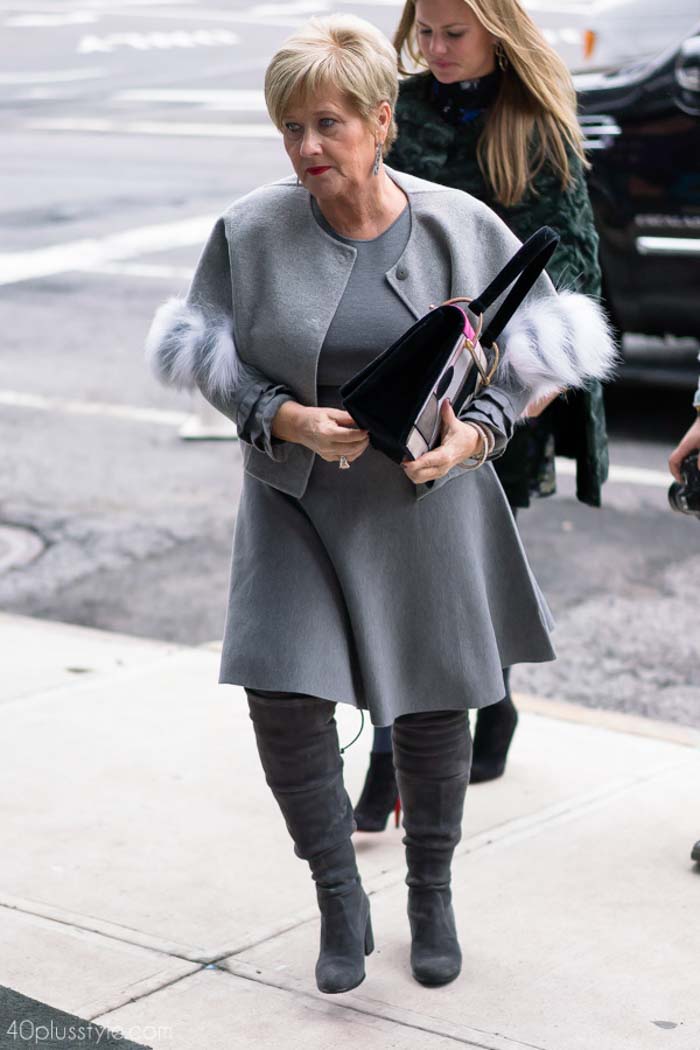 Fur trimmed grey coat with high knee boots | 40plusstyle.com