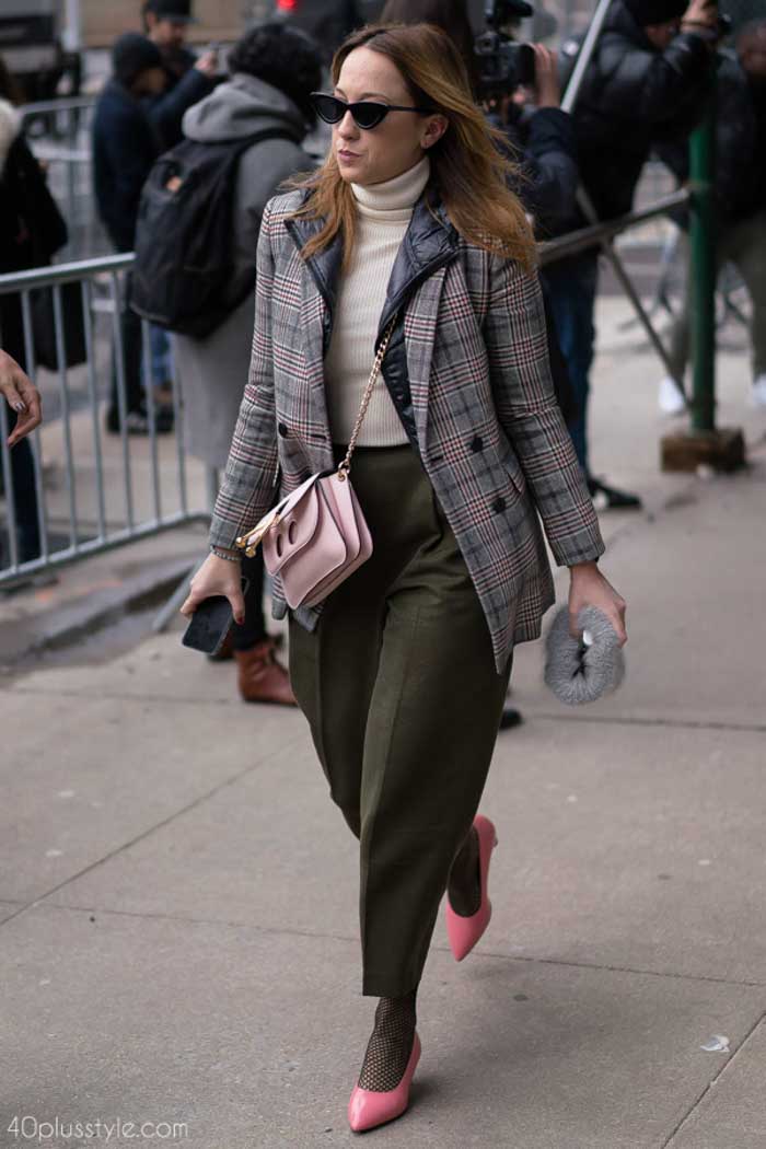 Chic plaid coat with pink shoes and olive pants | 40plusstyle.com