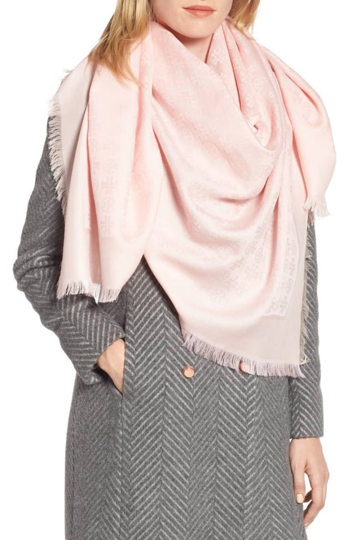 Pastel pink scarf with a gray outfit | 40plusstyle.com