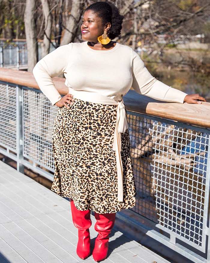 Georgette from Grown and Curvy Women is wearing Wrap Top with Leopard Print Skirt and Red Boots | fashion over 40 | 40plusstyle