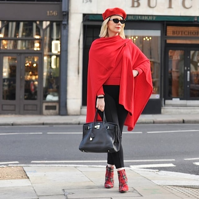 Looking good in a cashmere red poncho | 40plusstyle.com | fashion over 40