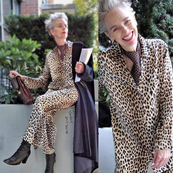 Melanie is wearing Animal Print Pajama Suit with chocolate polka dot tie and boots | fashion over 40 | 40plusstyle