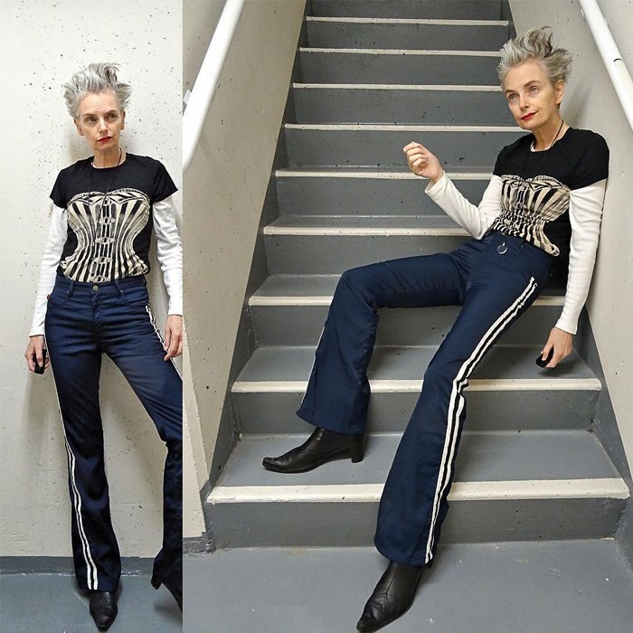 Melanie is wearing black corsette tshirt and wide leg pants with black pointed boots | fashion over 40 | 40plusstyle