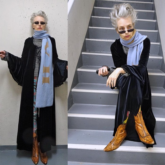 Melanie is wearing black vintage velour duster with bell sleeves , blue scarf and boots | fashion over 40 | 40plusstyle