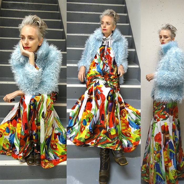 Melanie is wearing colorful maxidress over powder blue furfaux coat and boots | fashion over 40 | 40plusstyle