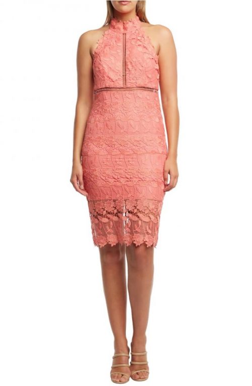 lace coral dress for summer parties | 40plusstyle.com