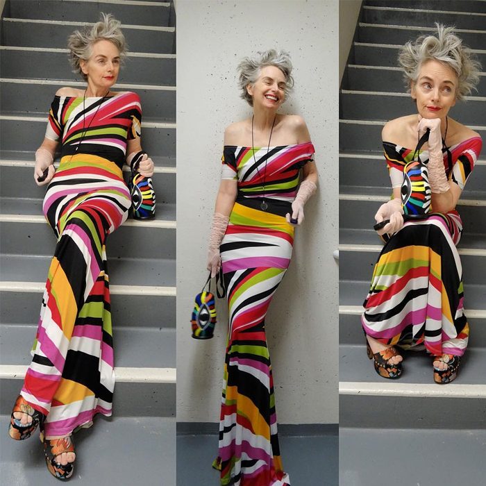 Melanie is wearing off shoulder colorful striped maxi dress,vintage gloves and floral sandals | fashion over 40 | 40plusstyle