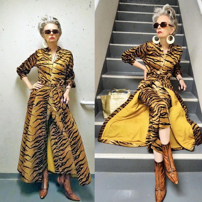 Melanie is wearing vintage tiger jumpsuit with matching quilted skirt and boots | fashion over 40 | 40plusstyle