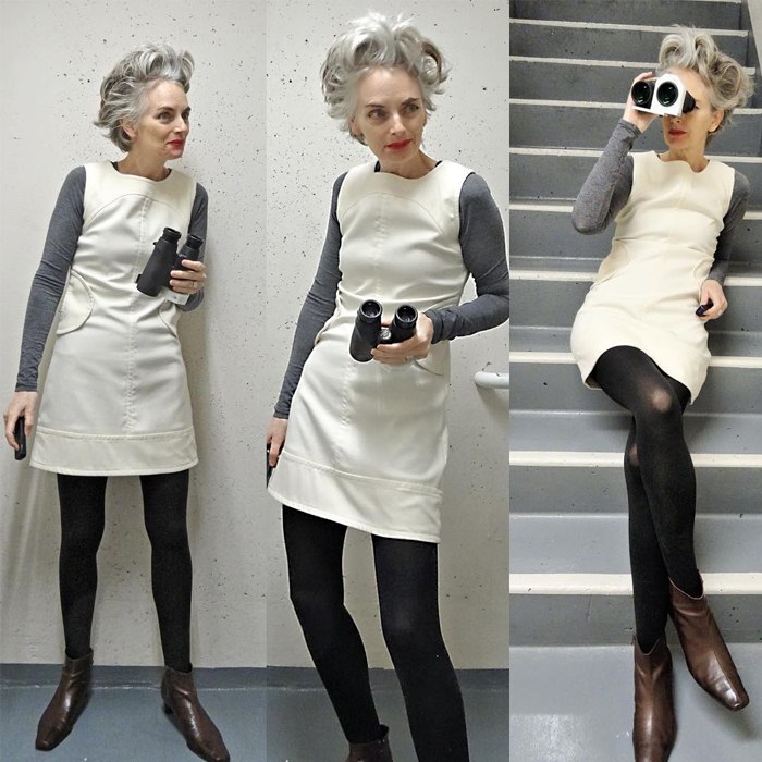 Melanie is wearing gray sweatshirt over white mini dress and chocolate brown boots | fashion over 40 | 40plusstyle