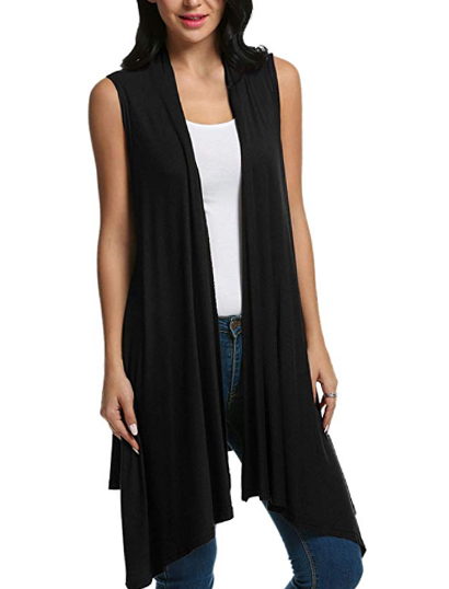 wearing a long vest for women over 40 | 40plusstyle.com