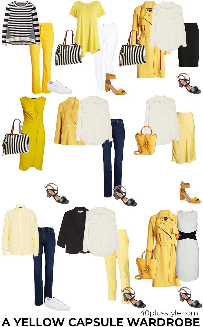 A yellow capsule wardrobe featuring black and white | 40plusstyle.com